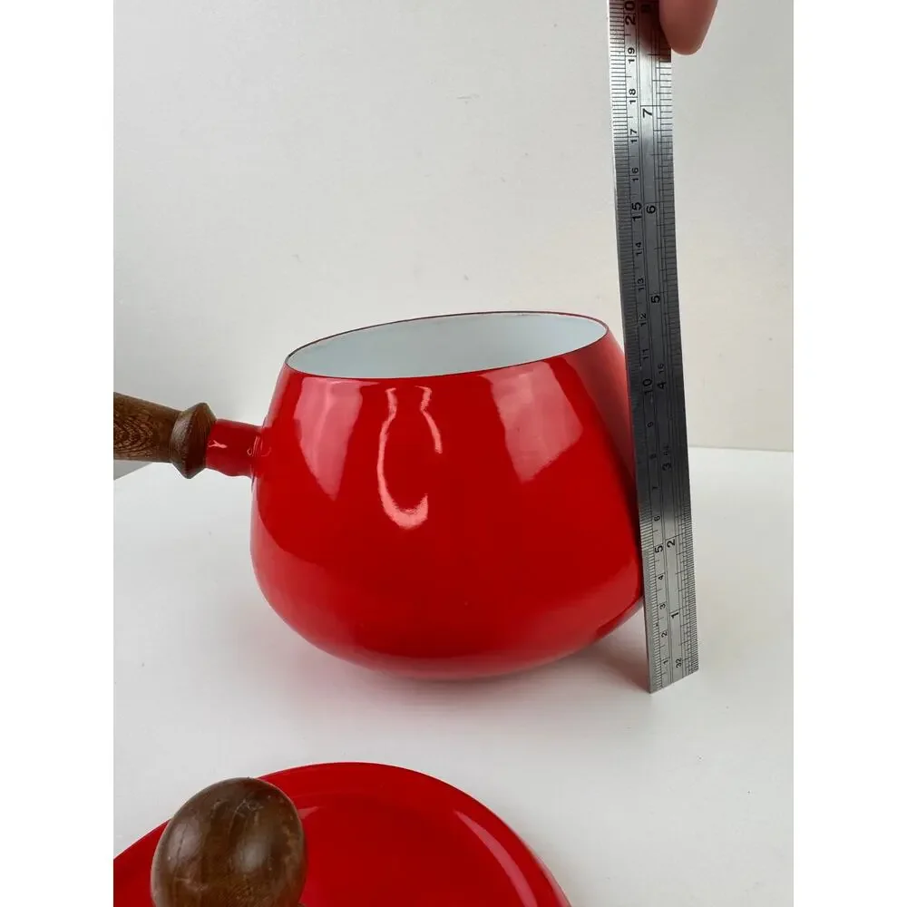 Vintage Styson Bright Red Enamel Fondue Pot Aluminum Wooden Single Handle Lid
